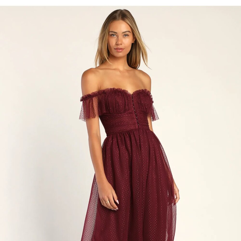 Lulus Regal Radiance Burgundy Tulle Bustier Midi Dress